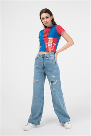 BRZ Collection Kontrast Renkli Baskılı Kısa Kollu Crop Kadın T-shirt